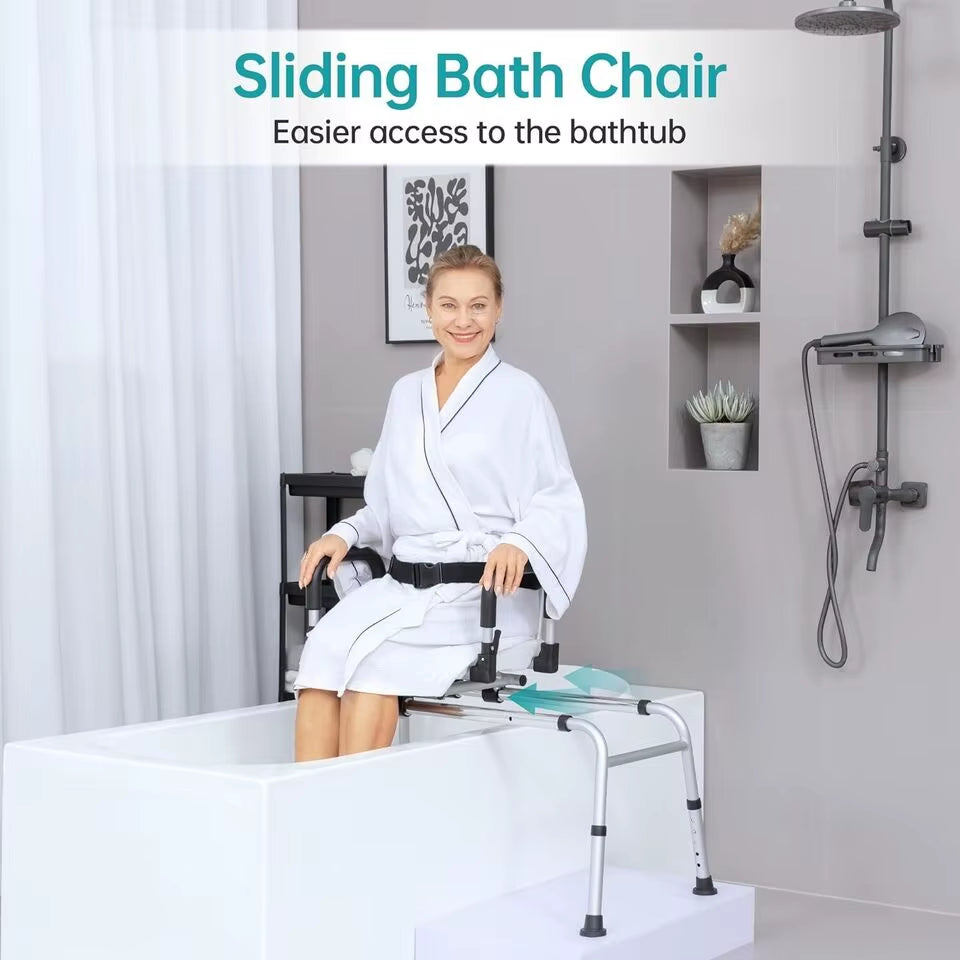 2024 Hot Sales Height Adjustable PU Seat and Backrest Tub Transfer Bench Sliding Shower Chair