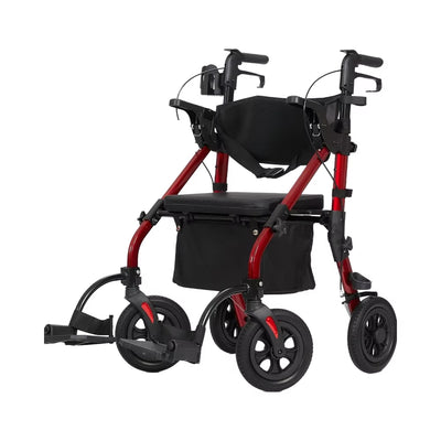 ELENKER 2-In-1 All Terrain Rollator Walker and Transport Wheelchair Padded Seat Wide Backrest Red