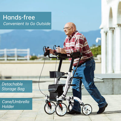 Portable Upright Walker Stand up Folding Rollator Walker with Basket Height Adjustable Handle Soft Seat with 4 Wheels