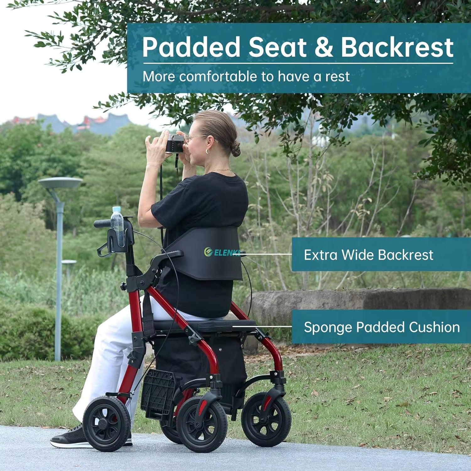 ELENKER 2-In-1 All Terrain Rollator Walker and Transport Wheelchair Padded Seat Wide Backrest Red